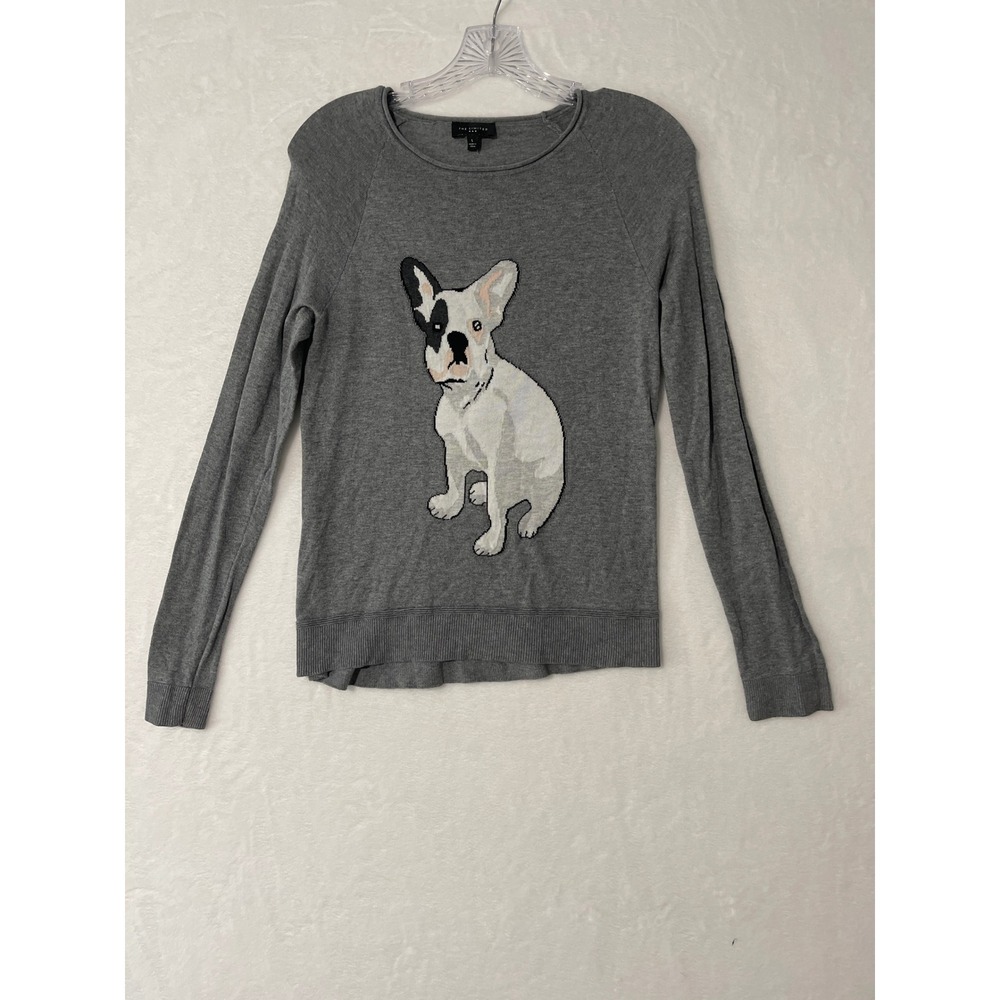 The Limited Womens French Bulldog Sweater Top Gray Raglan Sleeve Small